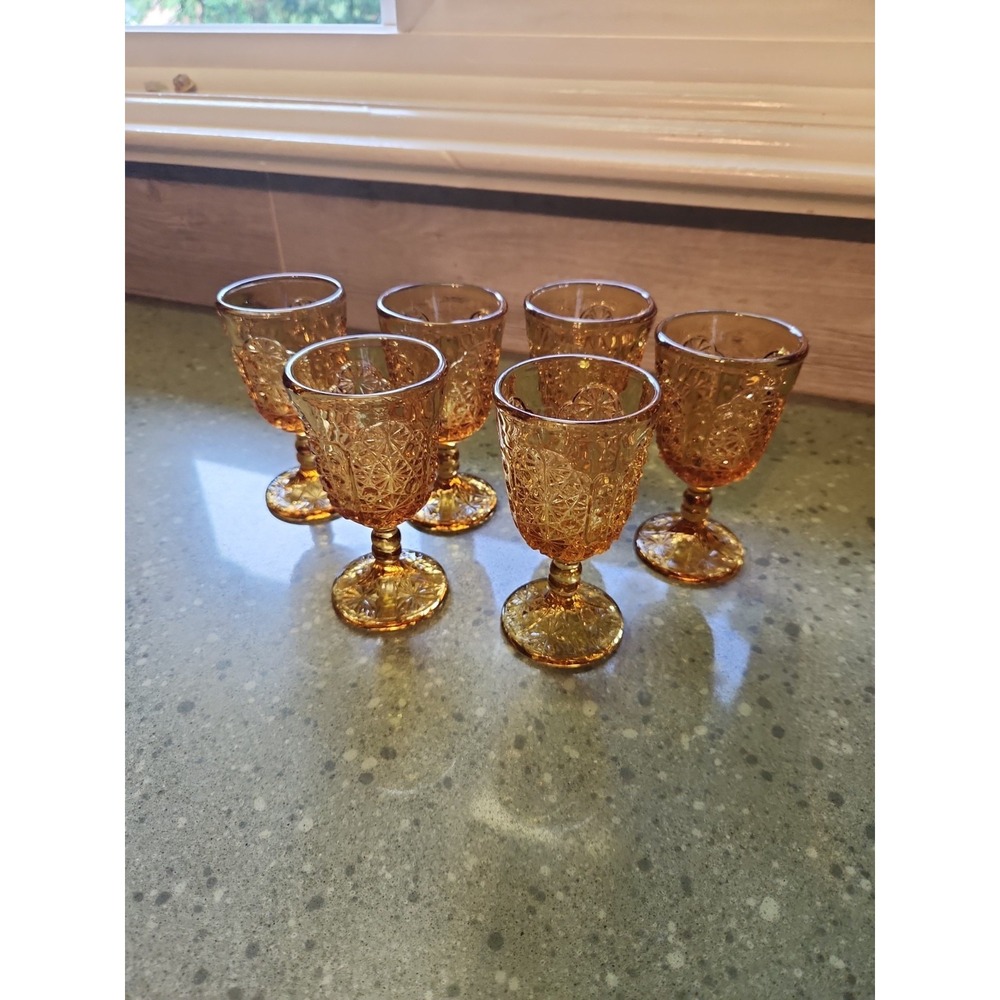 L.G. Wright Amber Daisy & Button Cordial Wine Glass Goblet Set of 6